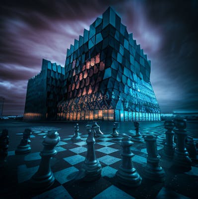 Harpa and a chess board, title picture for Reykjavik Open 2023