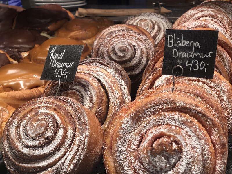 Blueberry and cinnamon rolls in an icelandic bakery