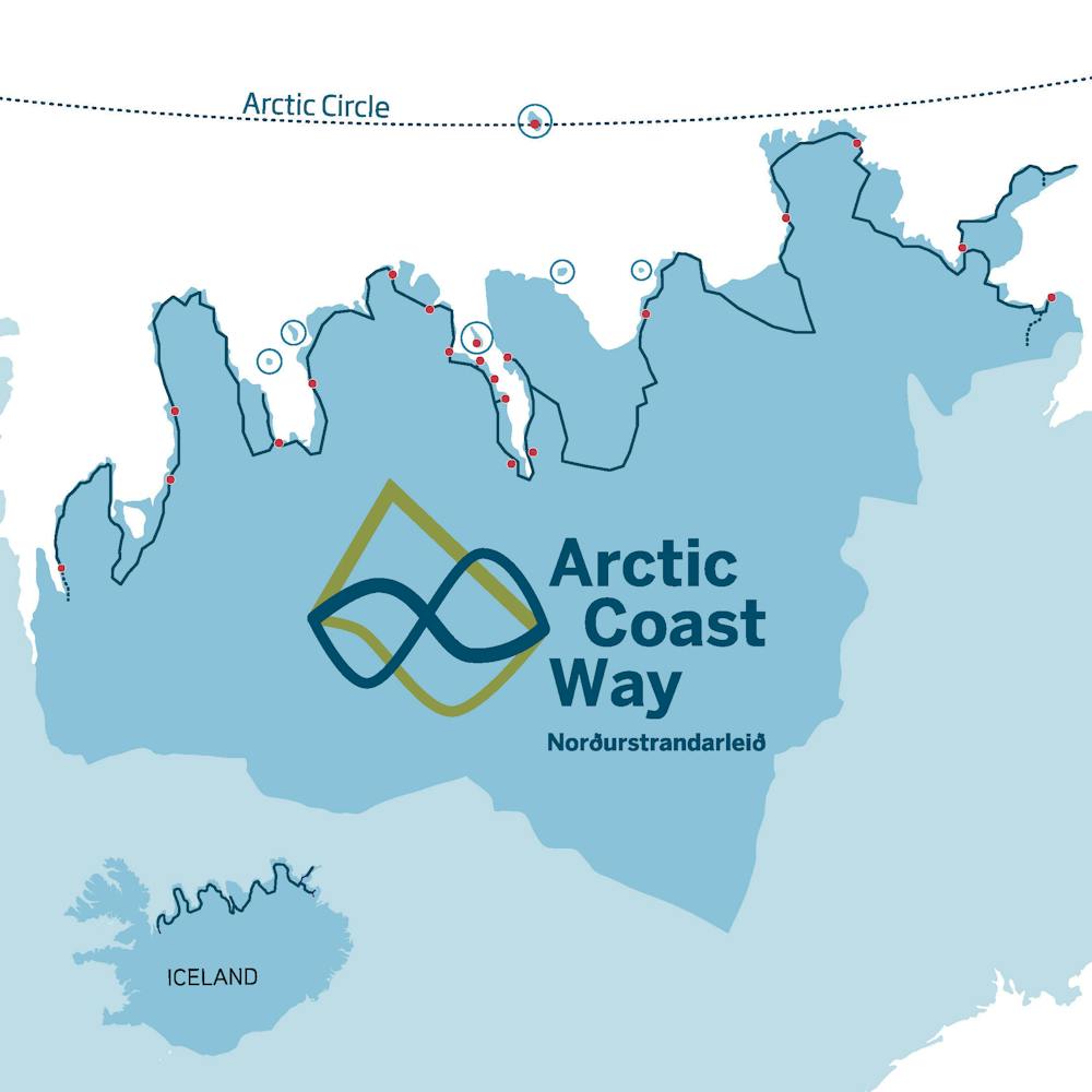 A blue map of the Arctic Coast Way leading along the North coast of Iceland