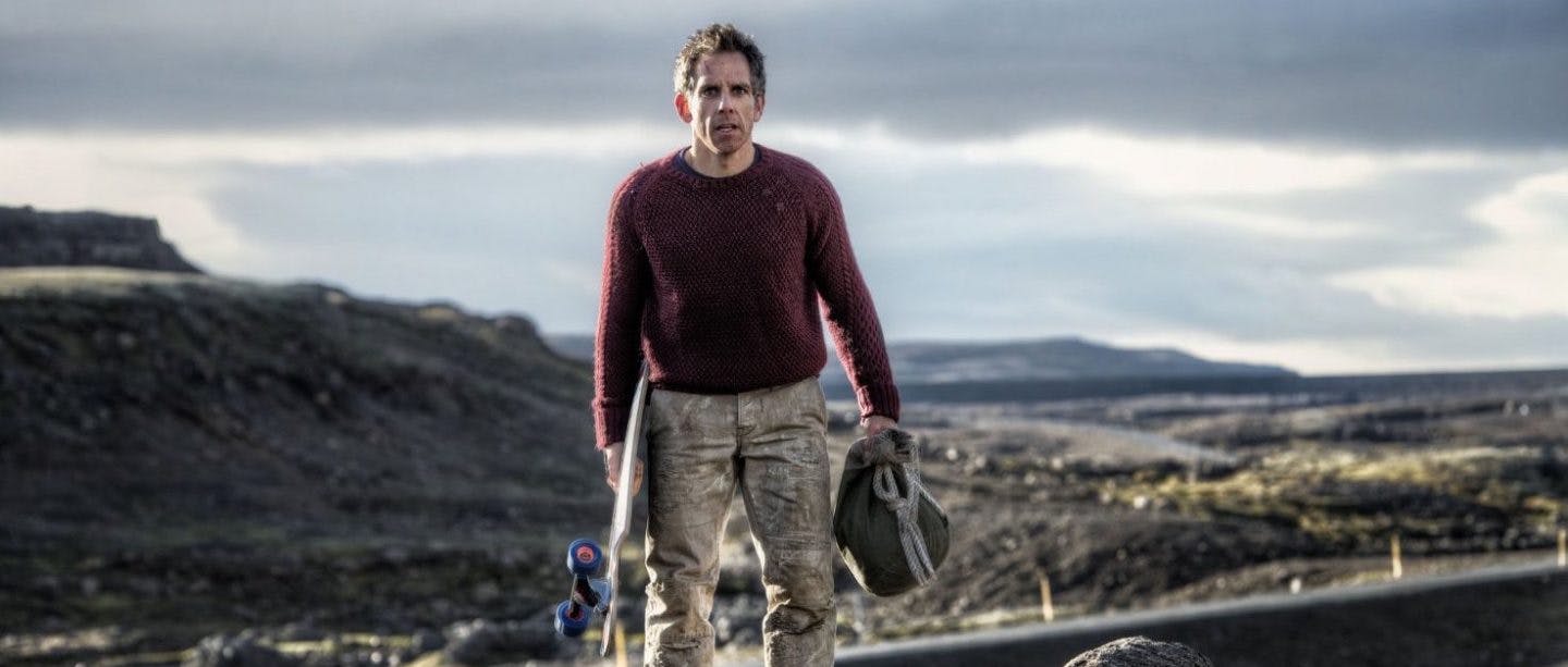 Movie Scene from the Secret Life of Walter Mitty, Ben Stiller holding a Longboard