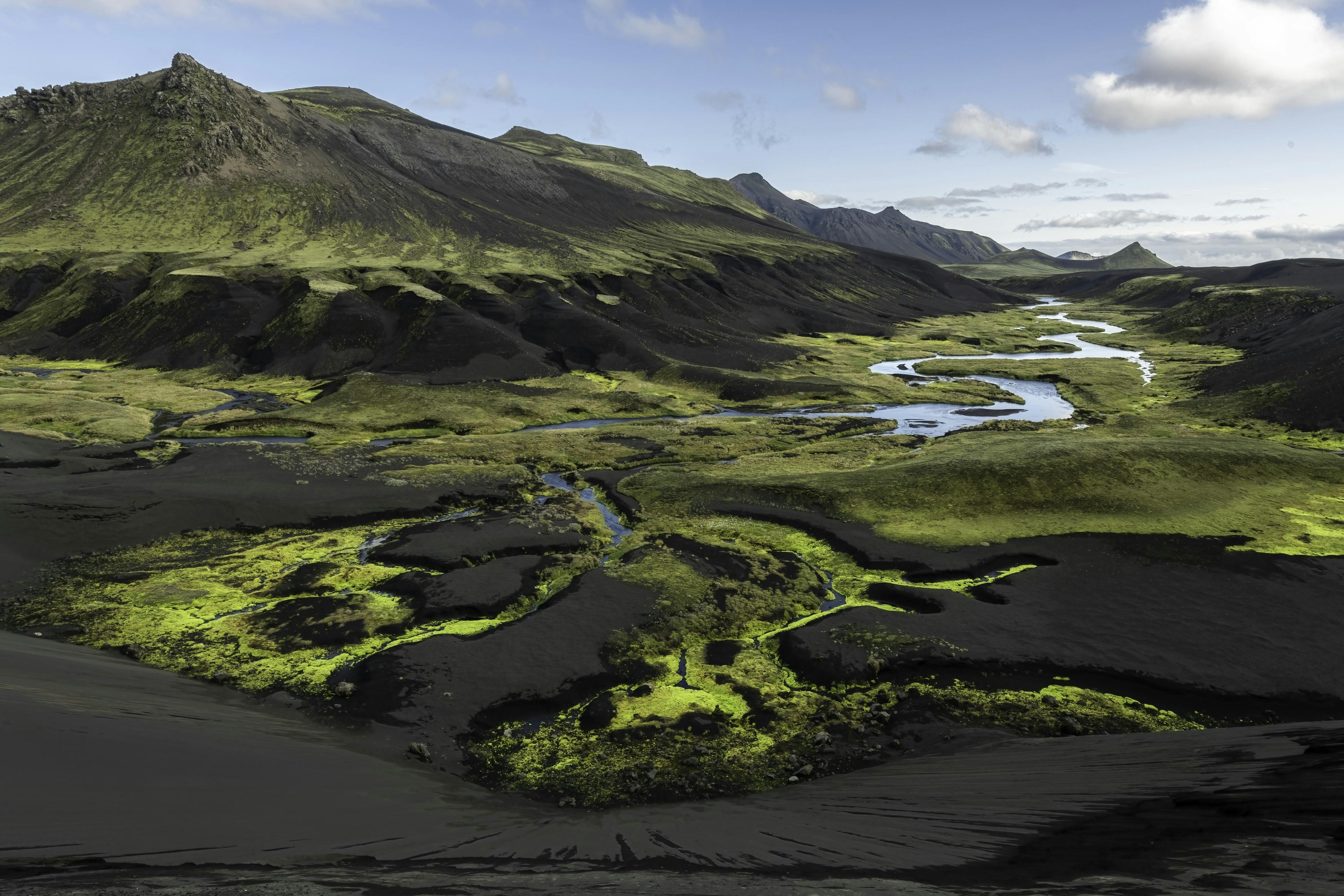 Green hills, moss and mountains in Iceland