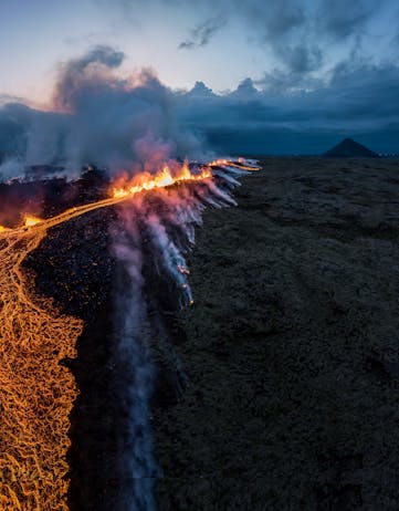 Litli-Hrútur eruption in Iceland with Keilir Mountain in the background July 11, 2023.