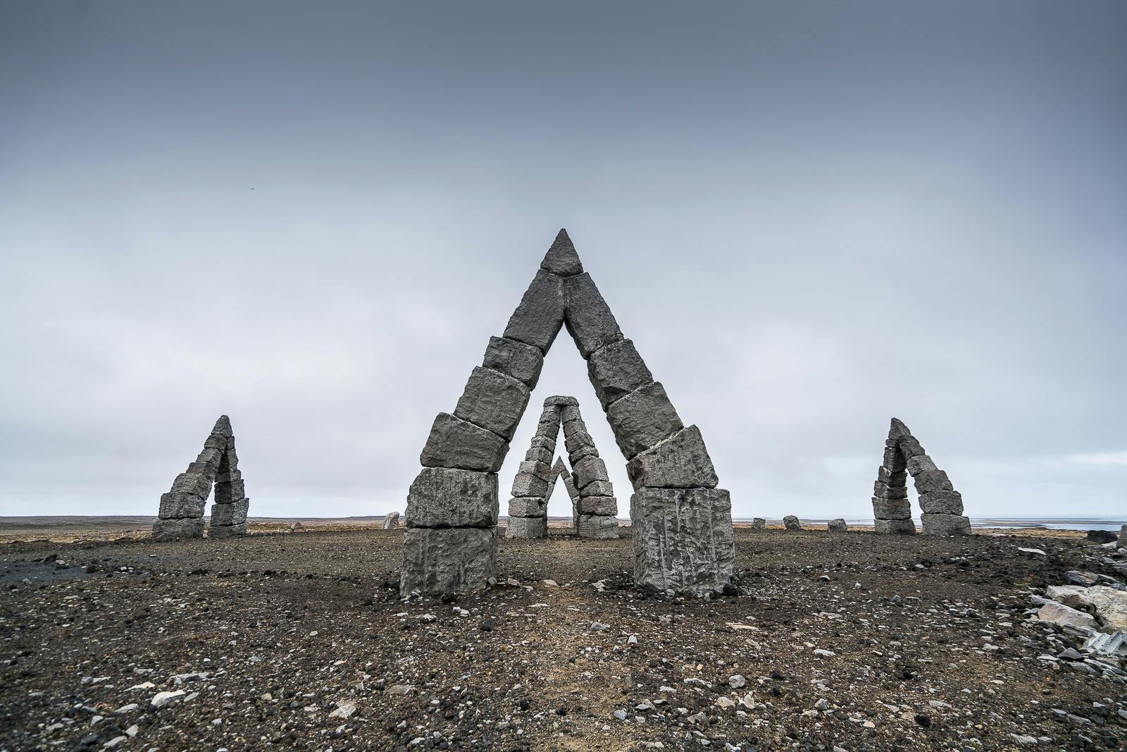 Arctic stone henge under a grey sky in North East Iceland