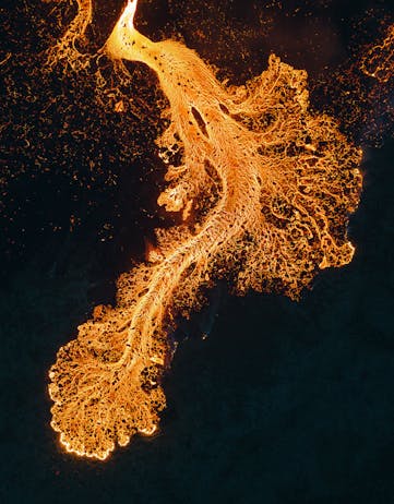  Aerial view of lava flowing from Litli-Hrútur eruption in Iceland July 2023