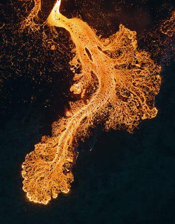 Aerial view of lava flowing from Litli-Hrútur eruption in Iceland July 2023