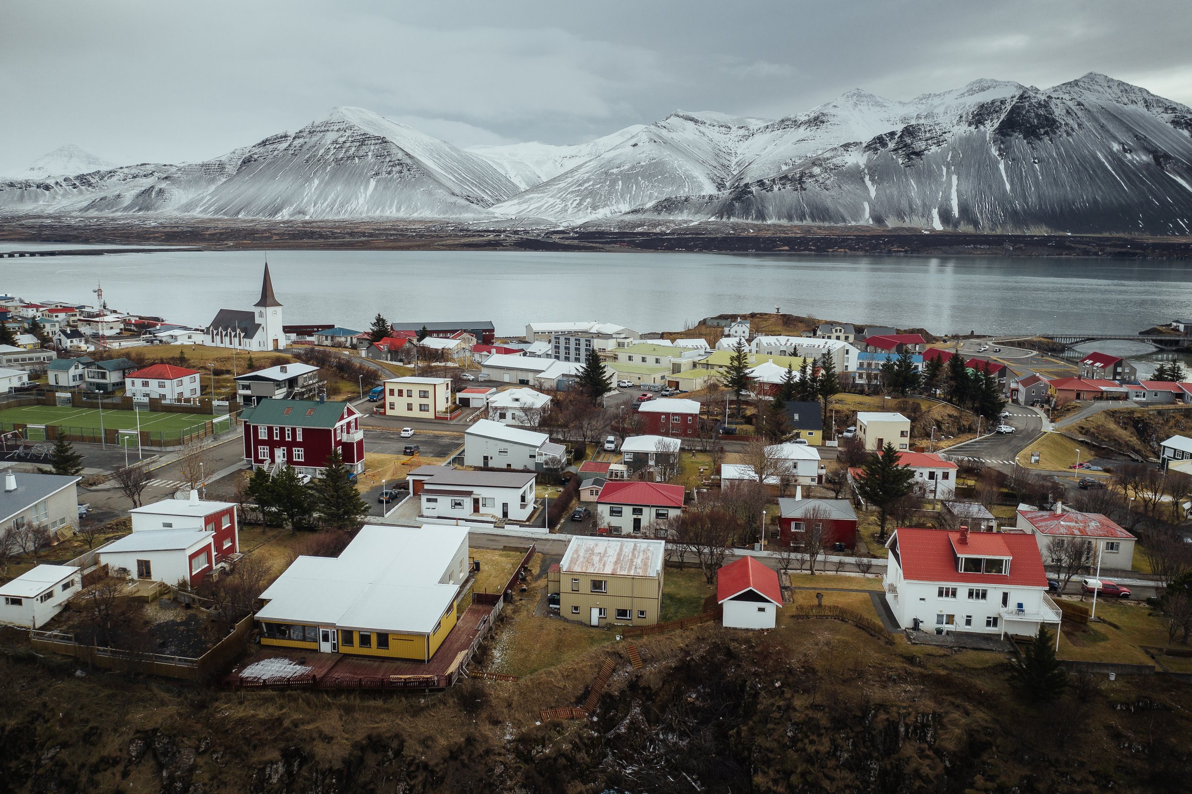 View over Borgarnes and the surrounding mountains covered in snow