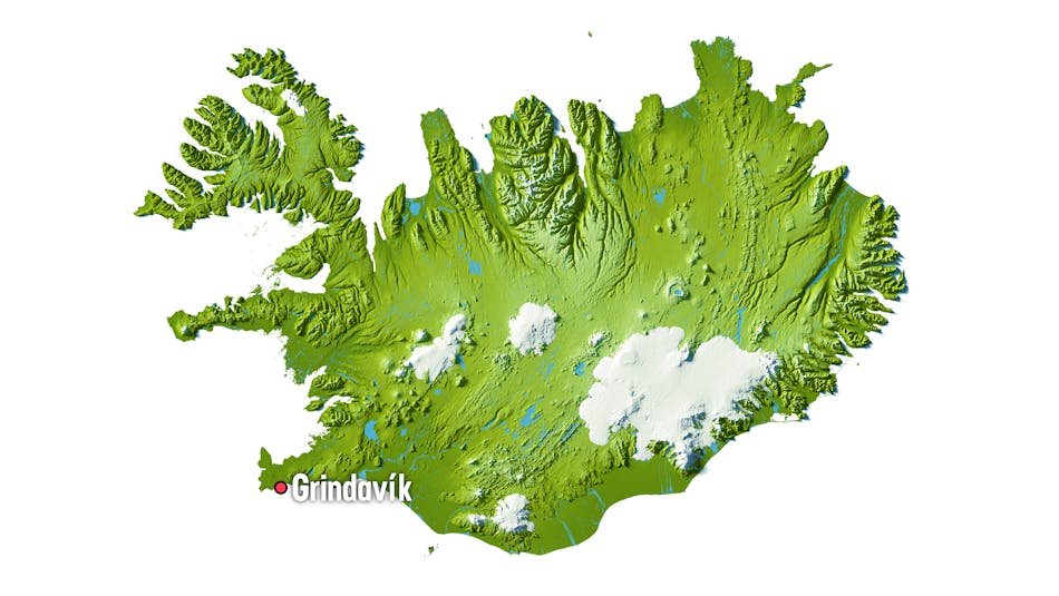 A map of Iceland, indicating the location of Grindavík with a red dot.