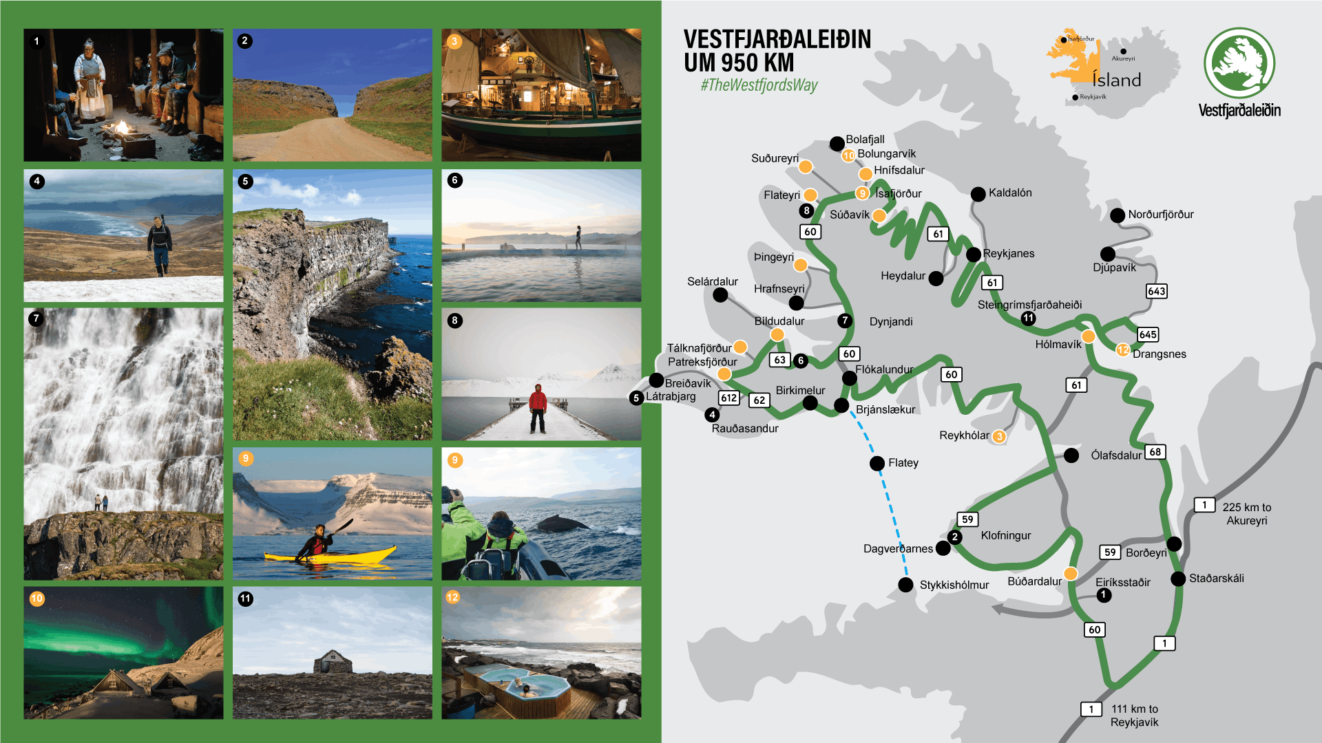 A map of the Westfjords showing The Westfjords Way route and images of scenic stops
