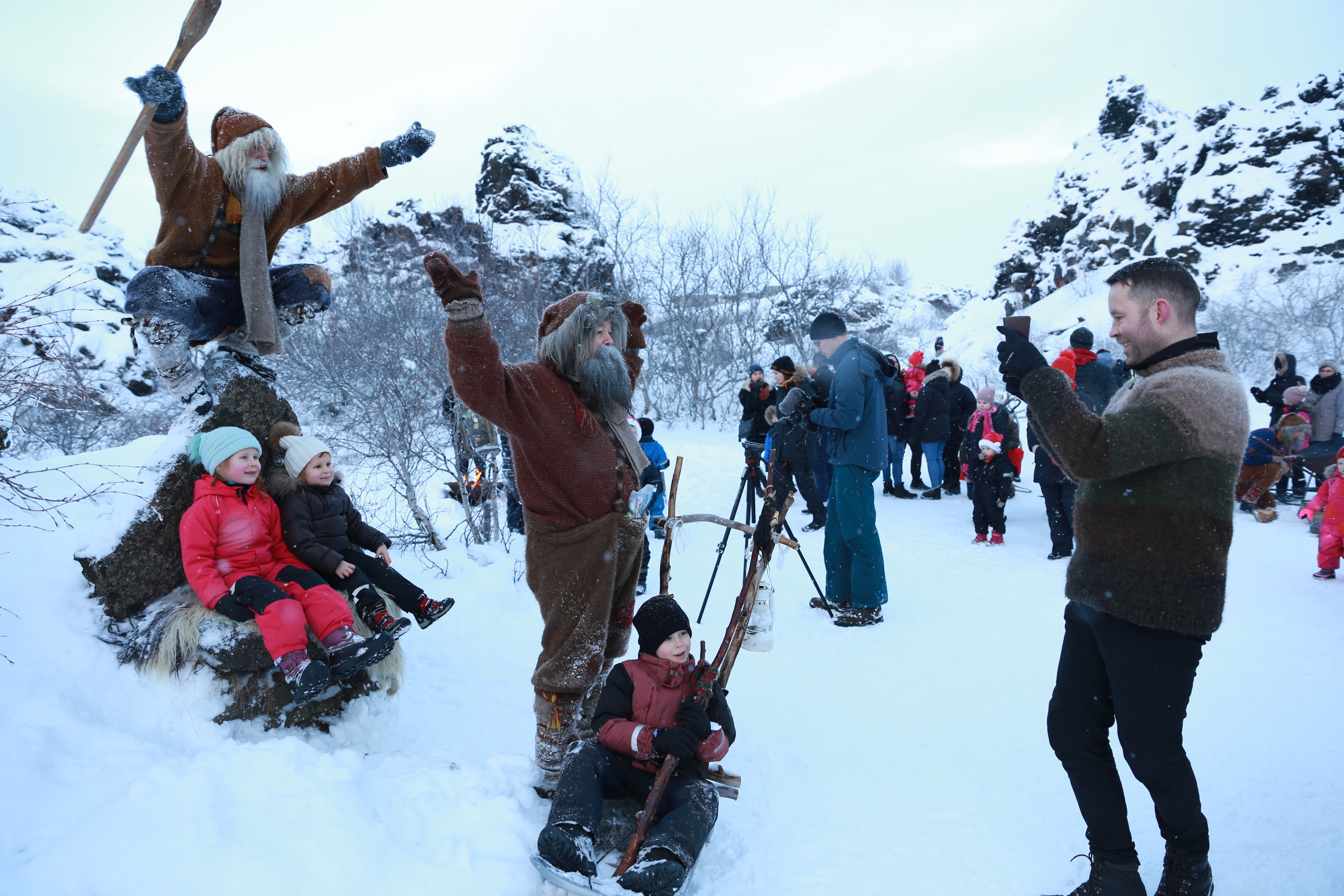 The Icelandic Yule Lads teasing children in Dimmuborgir close to Lake Mývatn. Photo: Marcin Kozazcek