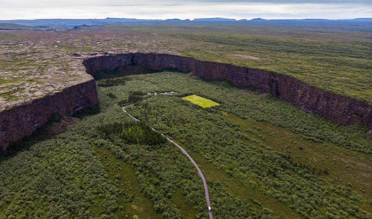 Bird's eye view of the geological wonder of Ásbyrgi Canyon in North Iceland.