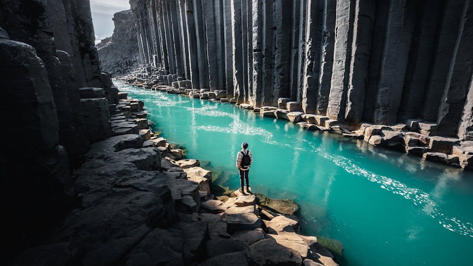 A man standing in a gorge with green river and giant basalt column walls