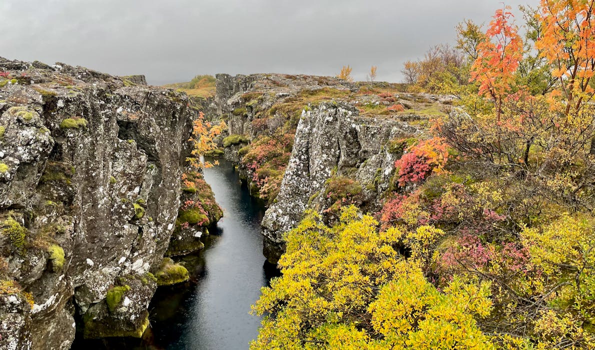 Autumn colors on the banks of a lava fissure filled with water 