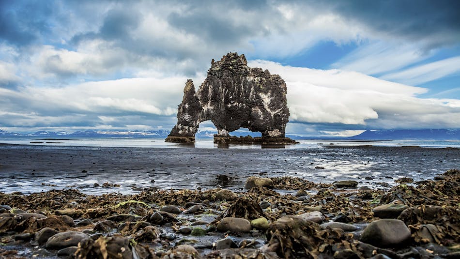 Hvítserkur rock, a spotted basalt rock standing in low tide, rocks and seaweed in the foreground, cloudy skies