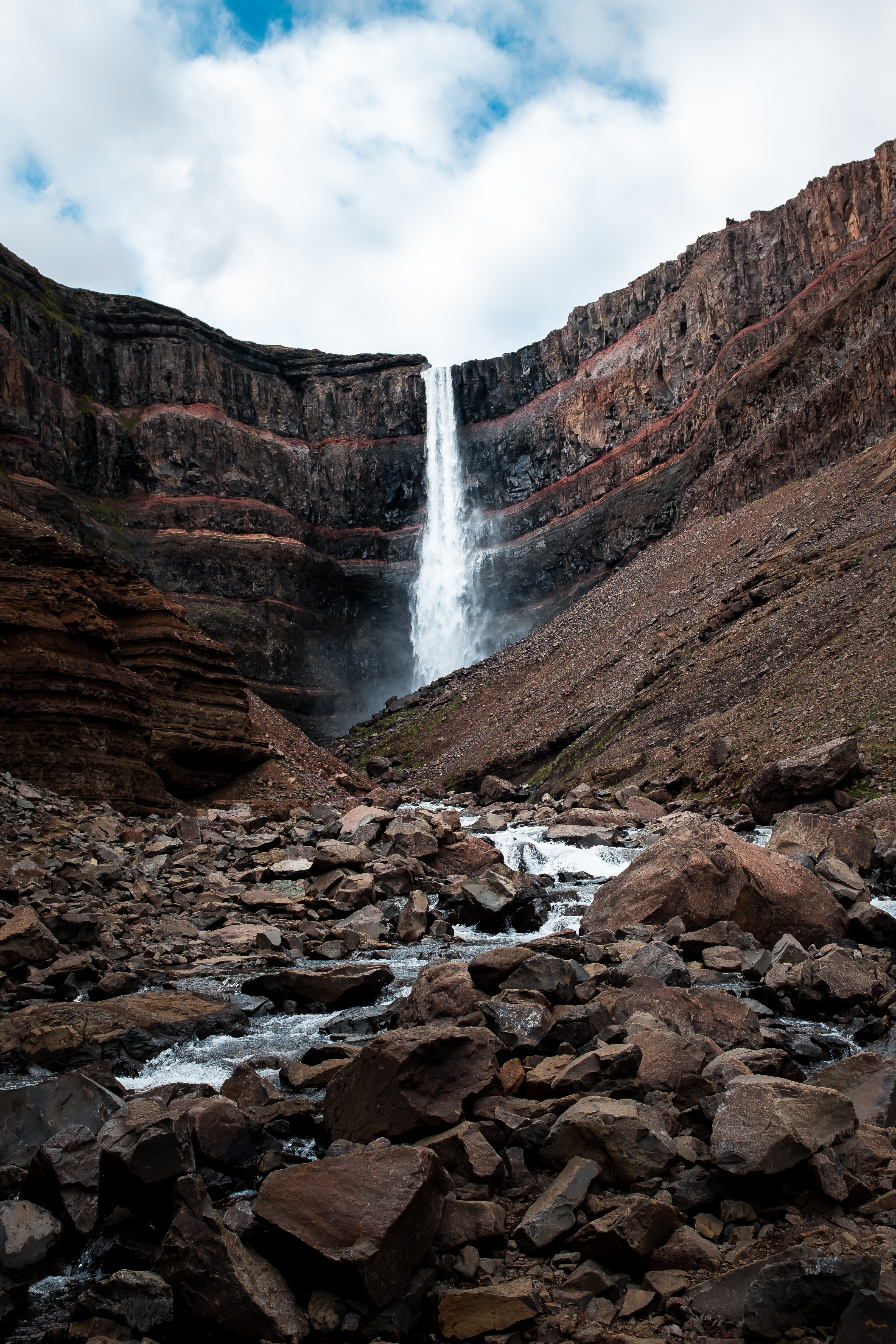 Hengifoss waterfall cascading down layered rock cliffs in East Iceland, with a rocky stream flowing through a rugged, barren landscape below.