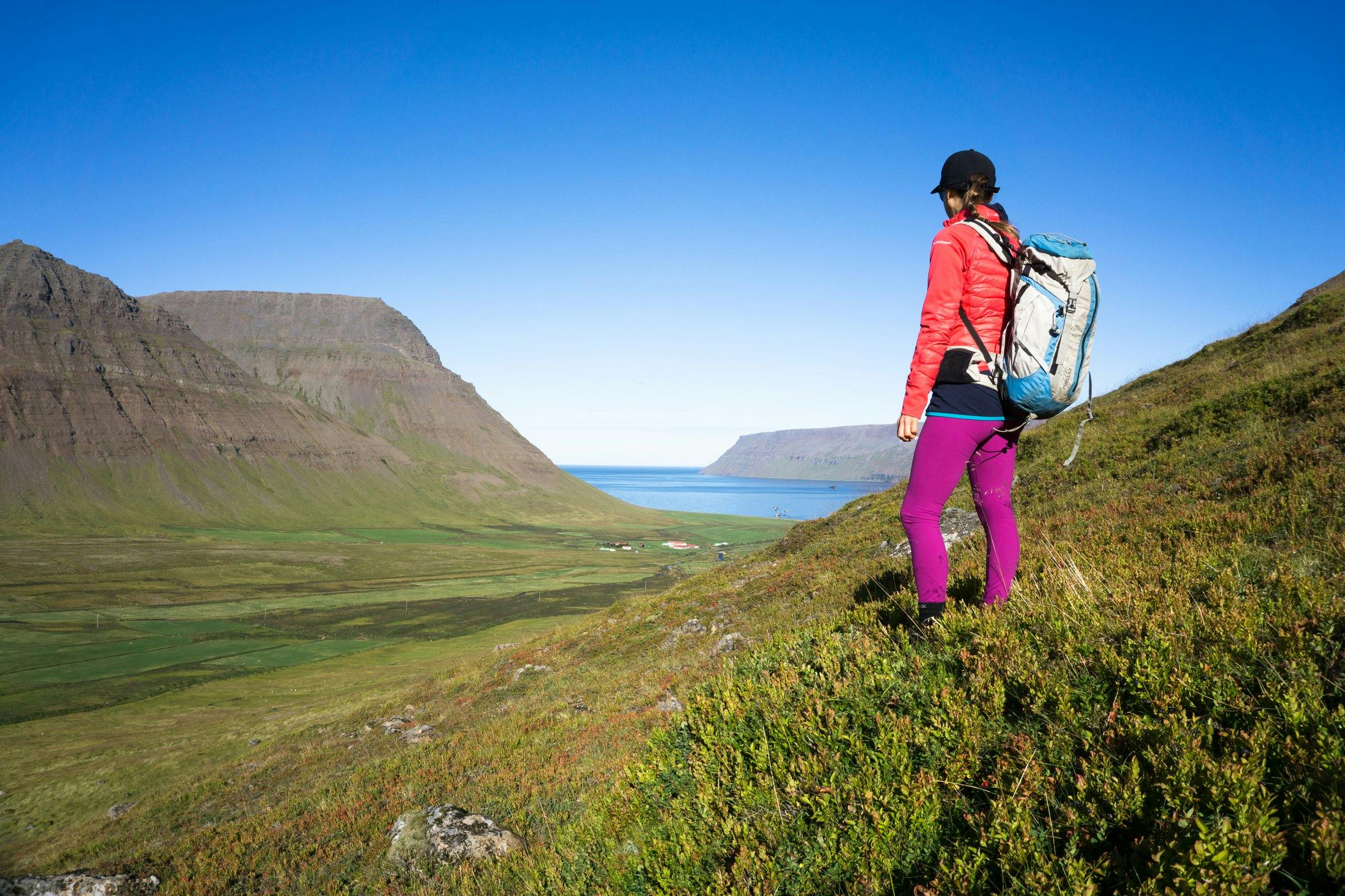 Woman in hiking clothes standing on a hill watching the mountains and the fjord surrounding her. The sun is shining