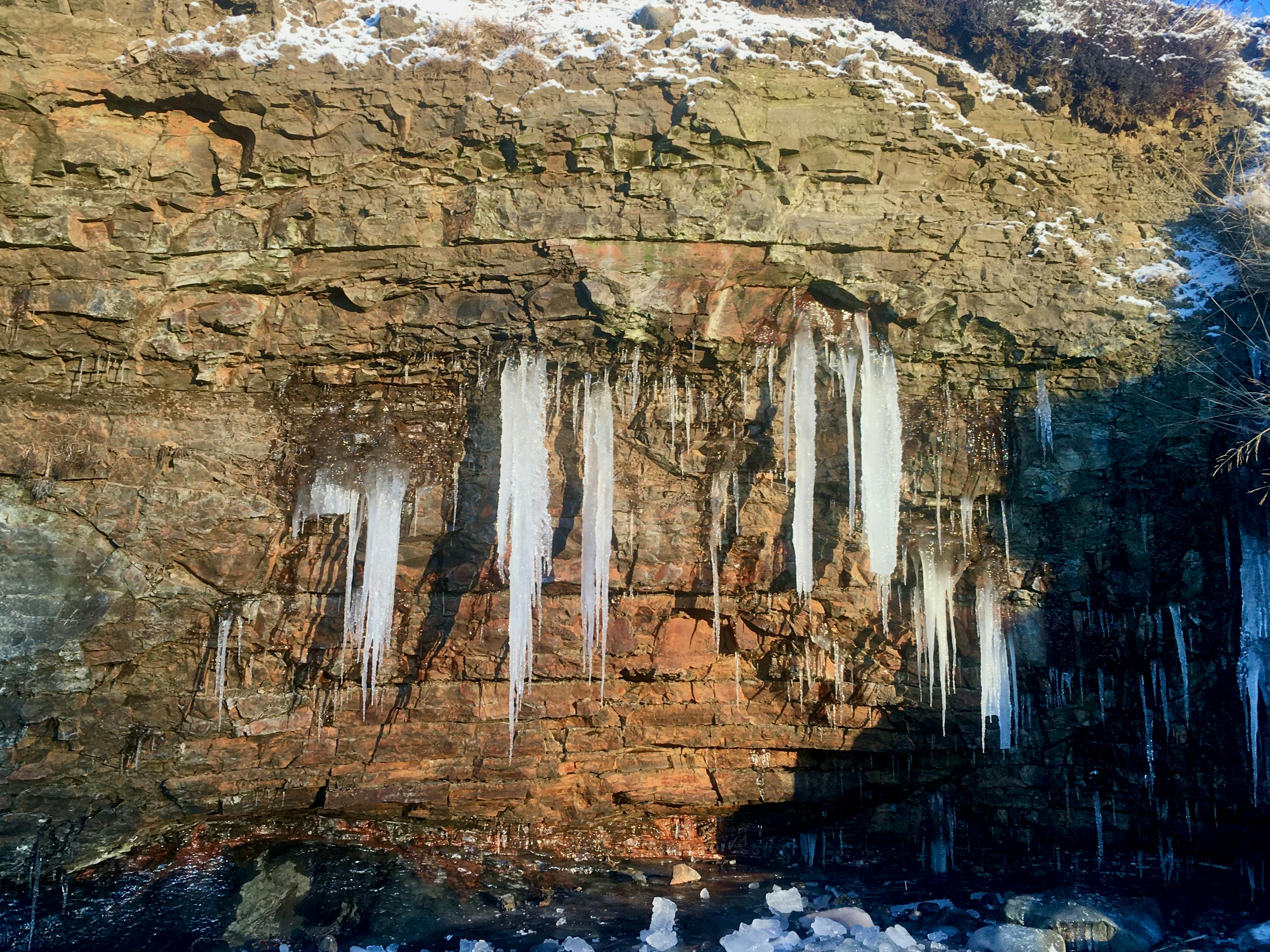 Icicles hanging from a striated rock wall