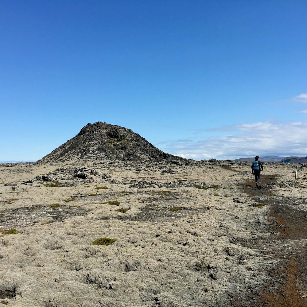 A man hiking between volcanic craters in a moss grown lava field