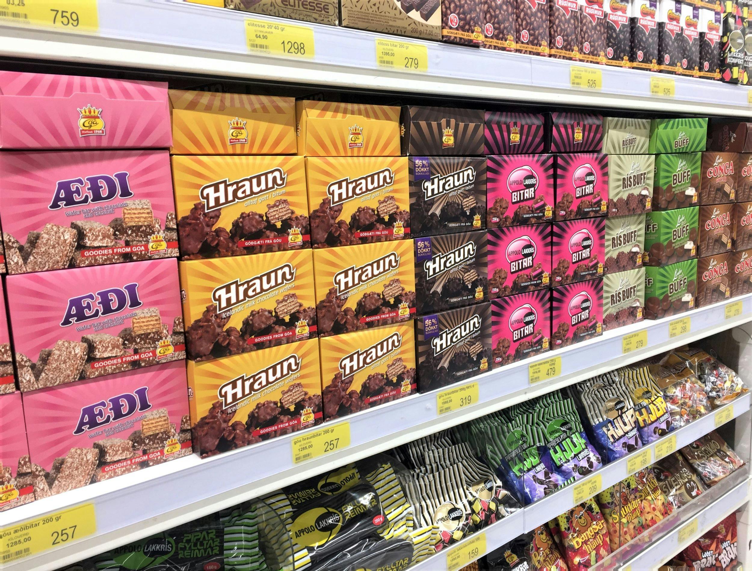Supermarket shelf in Iceland filled with local sweets 