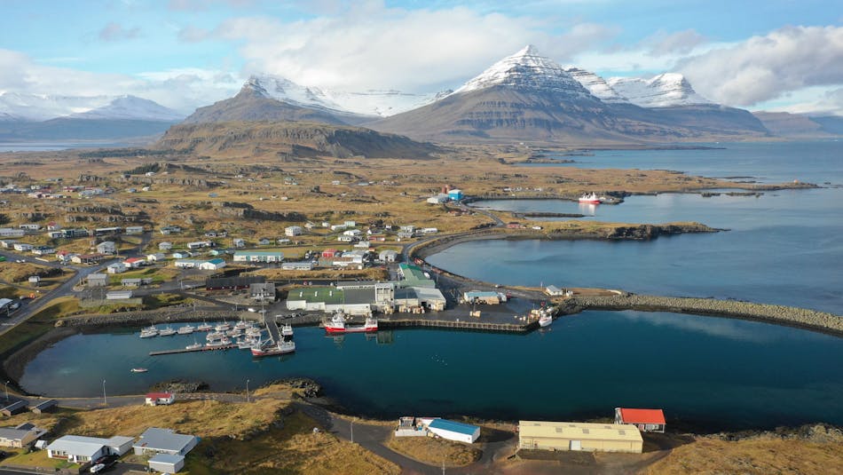 A small village surrounded by ocean and ice-carved and snow-capped mountains