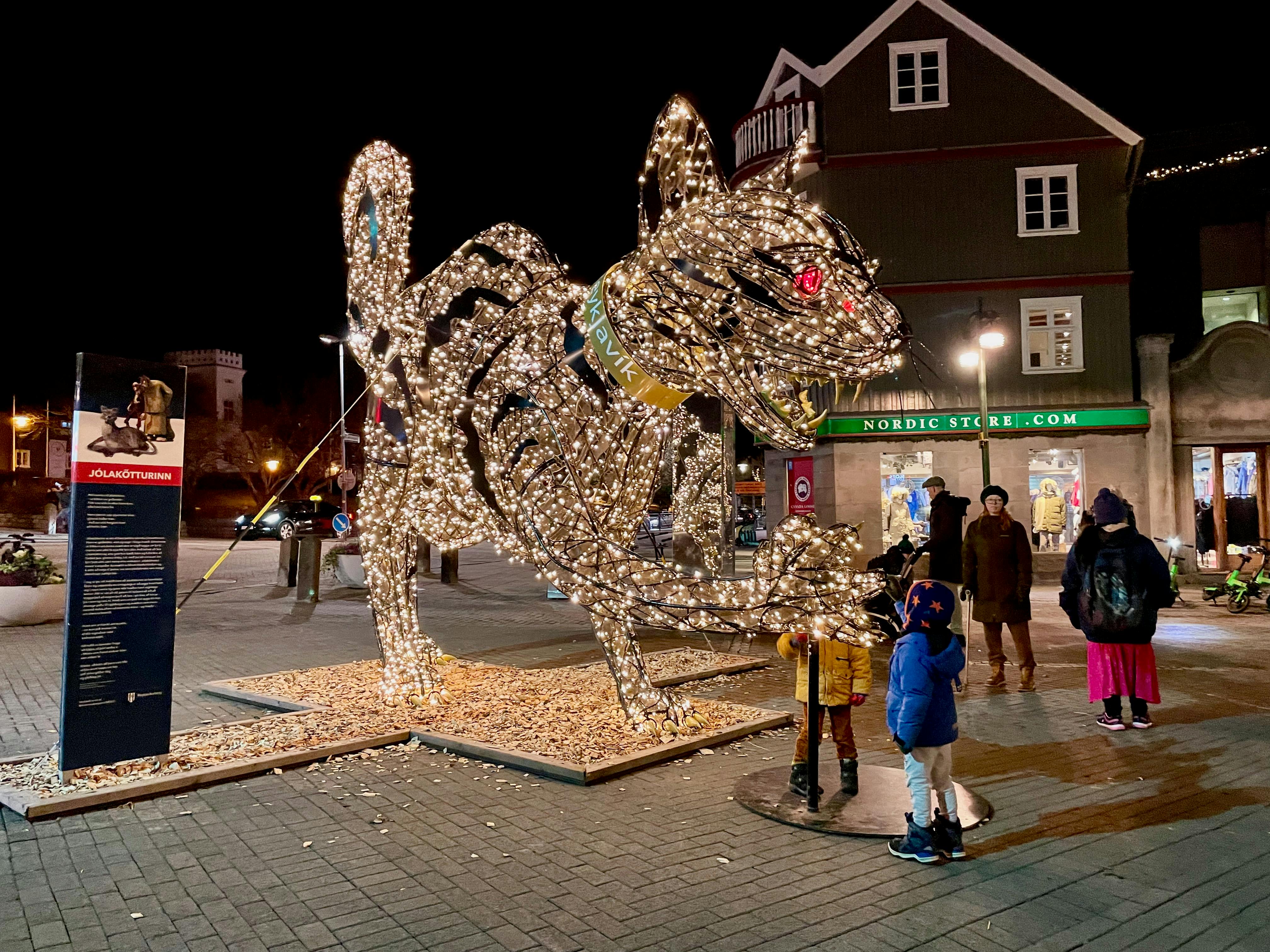 A light sculpture of the giant yule cat in downtown Reykjavík