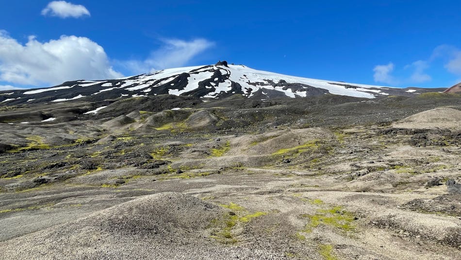 An ice-capped volcano with light coloured pumice and green moss in front