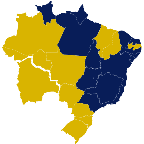 Mapa do Brasil e da Bolívia destacando as áreas em que a Vista Tecnologia atende em cor amarela.
