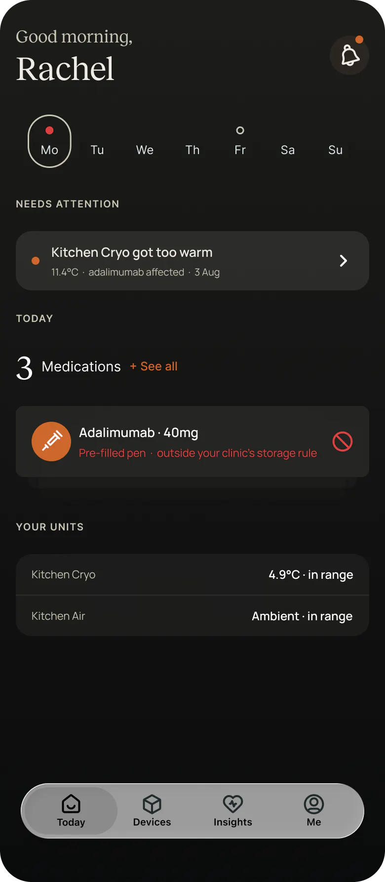 App daily plan greeting Rachel, with today's medicines and the status of her units