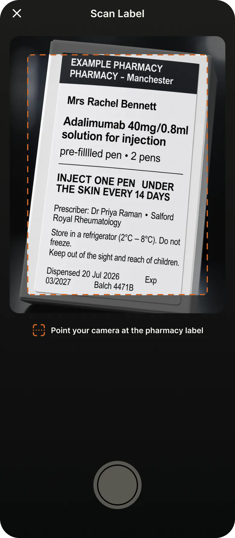 App screen reading a scanned pharmacy label
