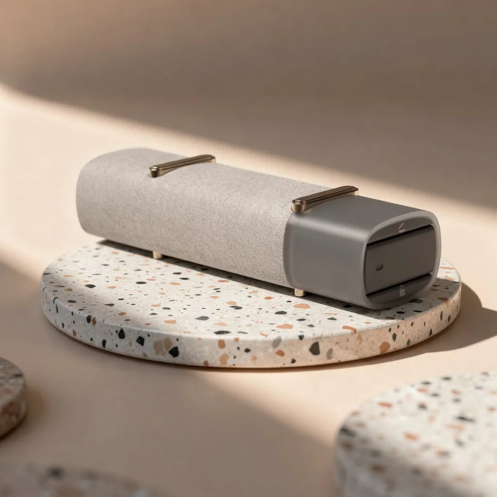 Nexus Edge unit with its drawer open, on a terrazzo stand