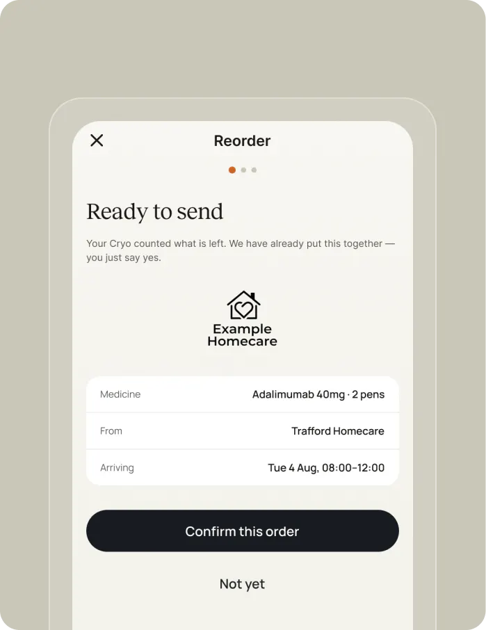 App reorder screen: adalimumab 40mg ready to send from Trafford Homecare, arriving Tue 4 August