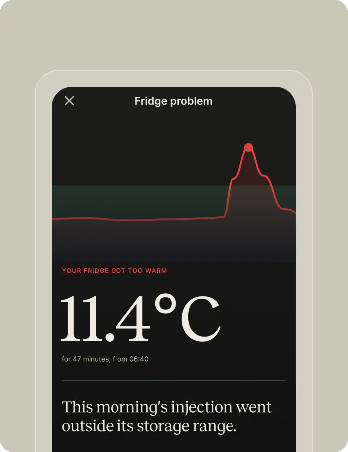 App alert: the fridge reached 11.4°C for 47 minutes, so this morning's injection went outside its storage range