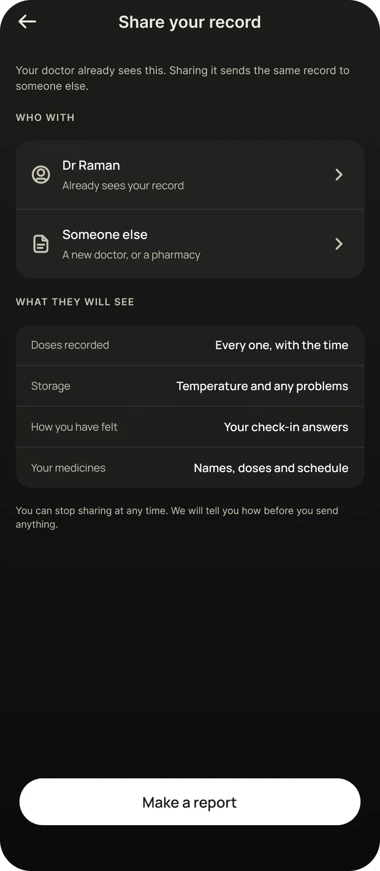 App screen for sharing the record with Dr Raman or someone else
