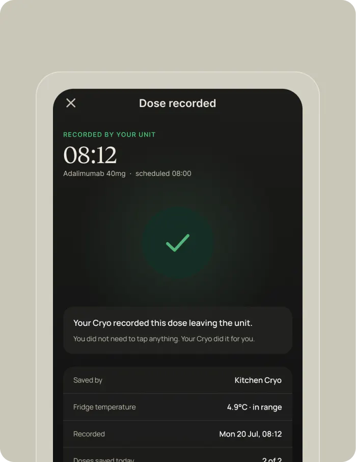 App screen confirming a dose recorded at 08:12 by the Cryo unit, with nothing to tap