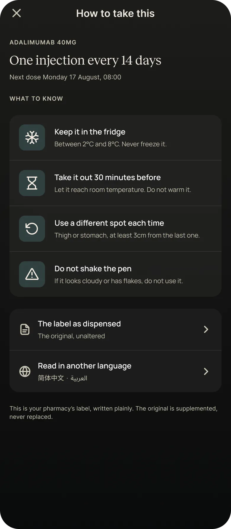 App instructions for adalimumab: one injection every 14 days, each step with a pictogram