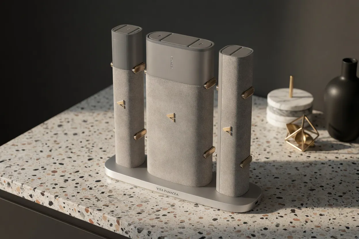 Nexus Air, Cryo and Edge units with their Charging Plinth on a marble counter