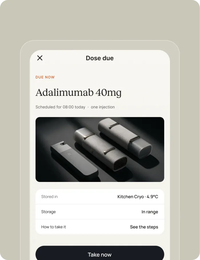 App screen: adalimumab 40mg dose due at 08:00, stored in range in the Kitchen Cryo