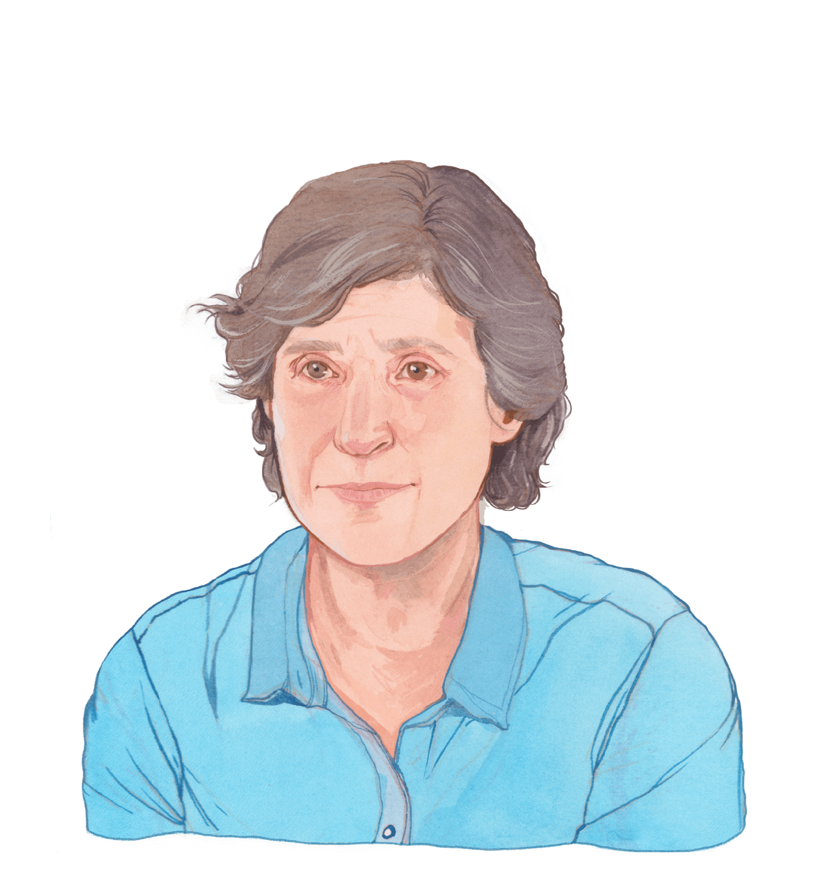 Color illustration of Elizabeth Glaser, a person with a light skin tone wearing a light blue open collar shirt. They have parted gray short hair and a calm expression on their face.