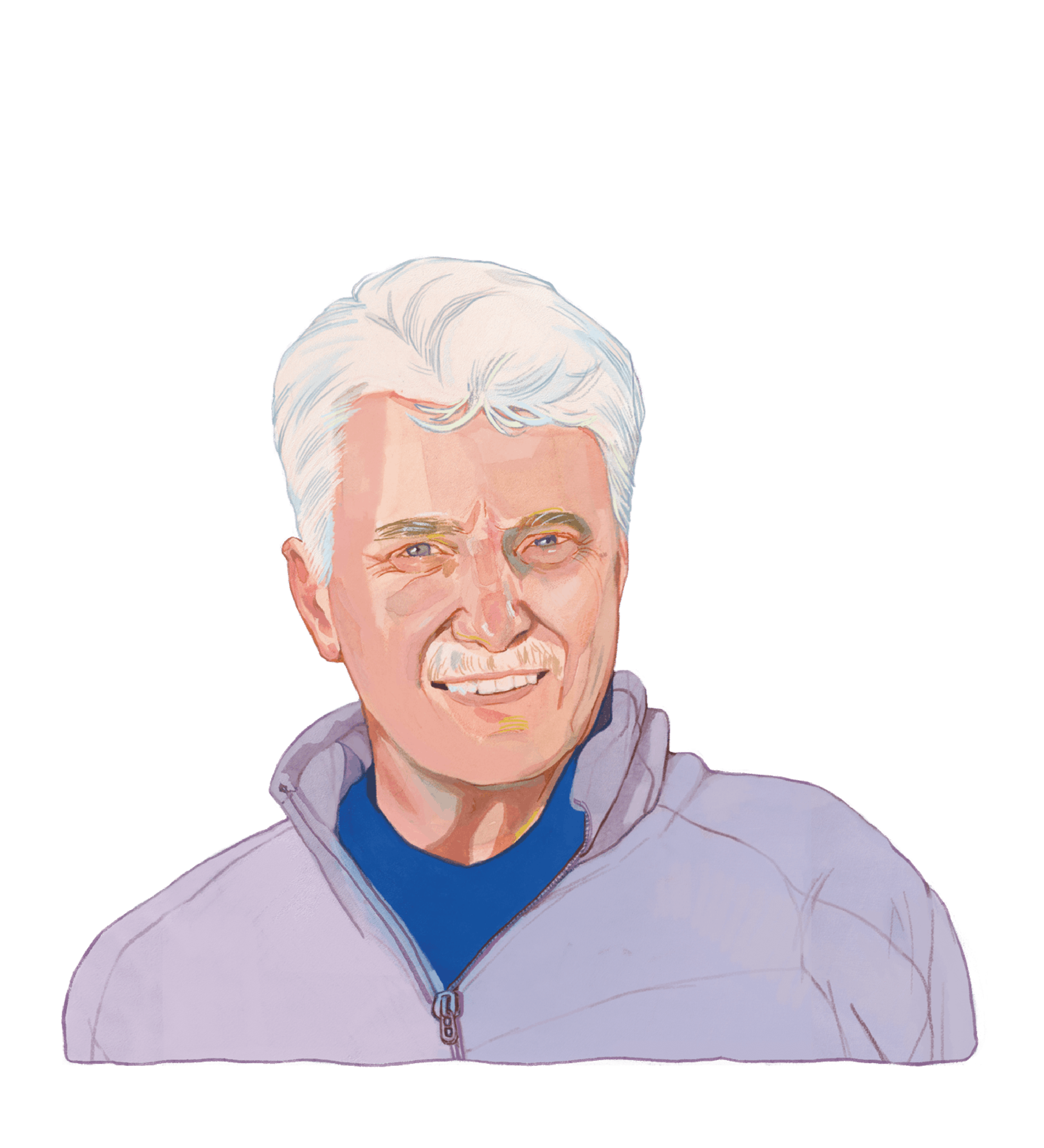 Color illustration of Philip J. Cook, a person with a light skin tone wearing a light gray zip-up jacket and blue t-shirt. They have parted white hair, a white mustache, and a pleasant expression on their face.