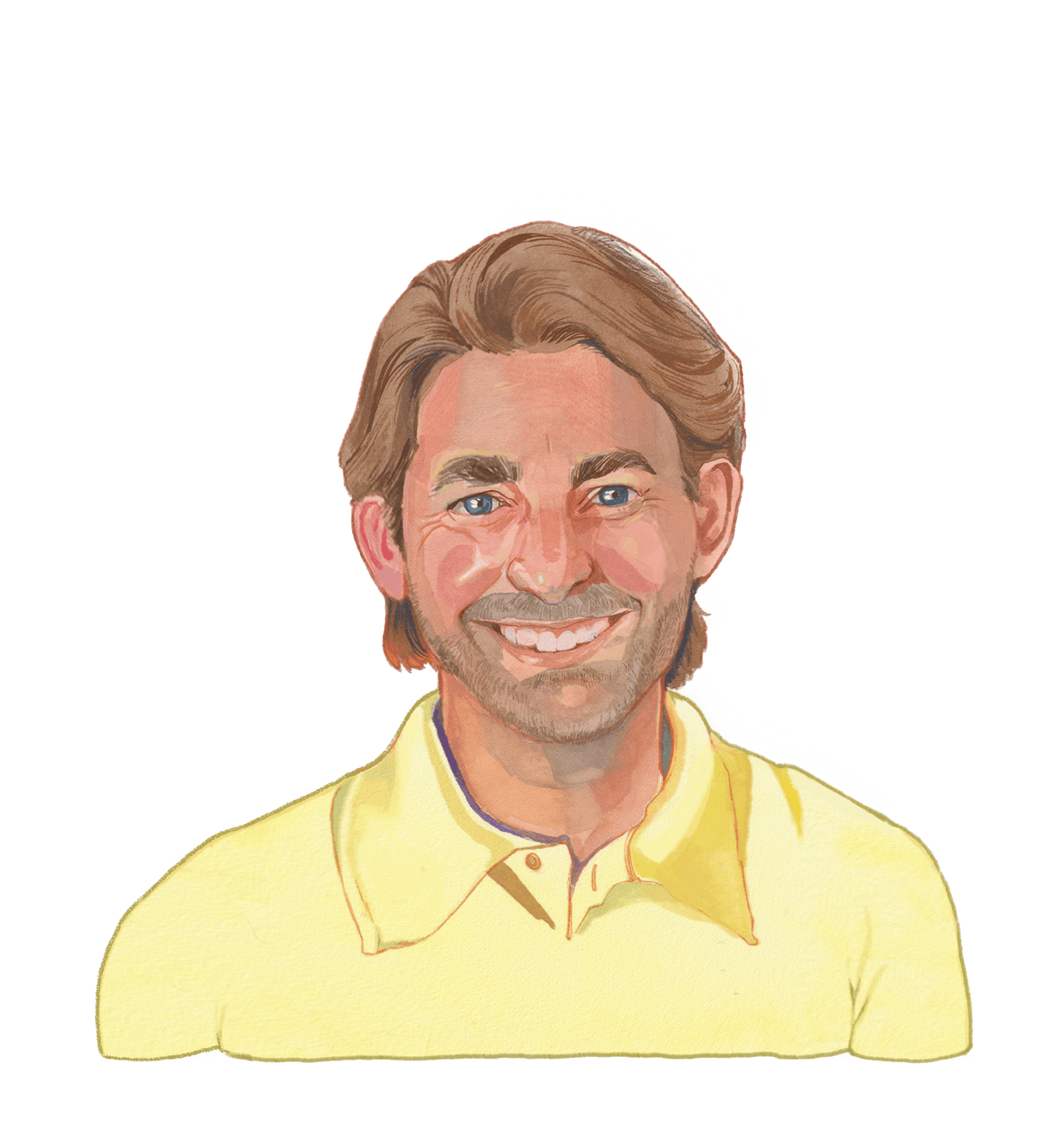 Color illustration of John K. Roman, a person with a light skin tone wearing a yellow open collar shirt. They have brown hair, a short beard, and are smiling wide.