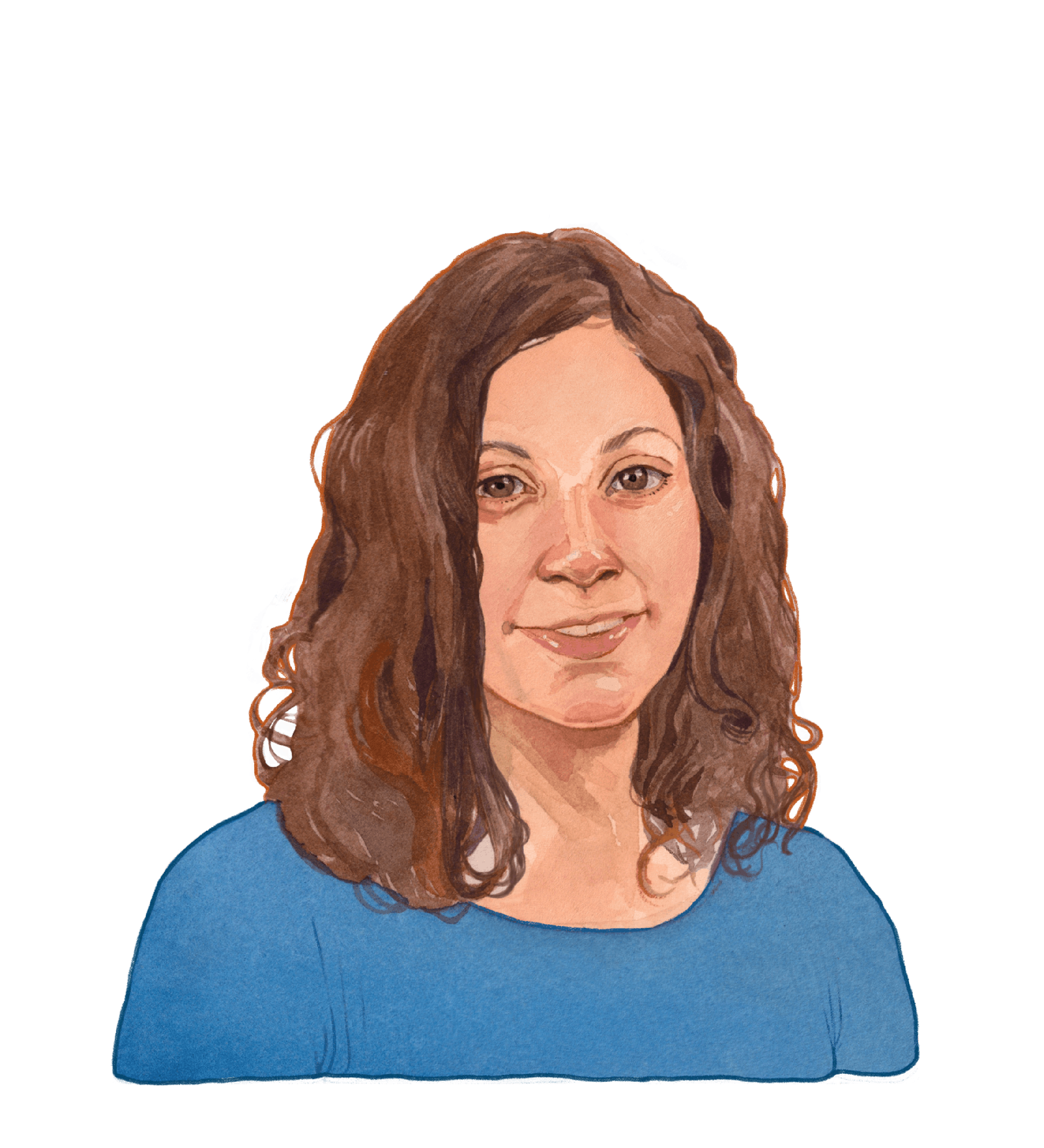 Color illustration of Rachel Swaner, a person with a light skin tone wearing a blue shirt. They have shoulder length brown hair and a friendly expression on their face.