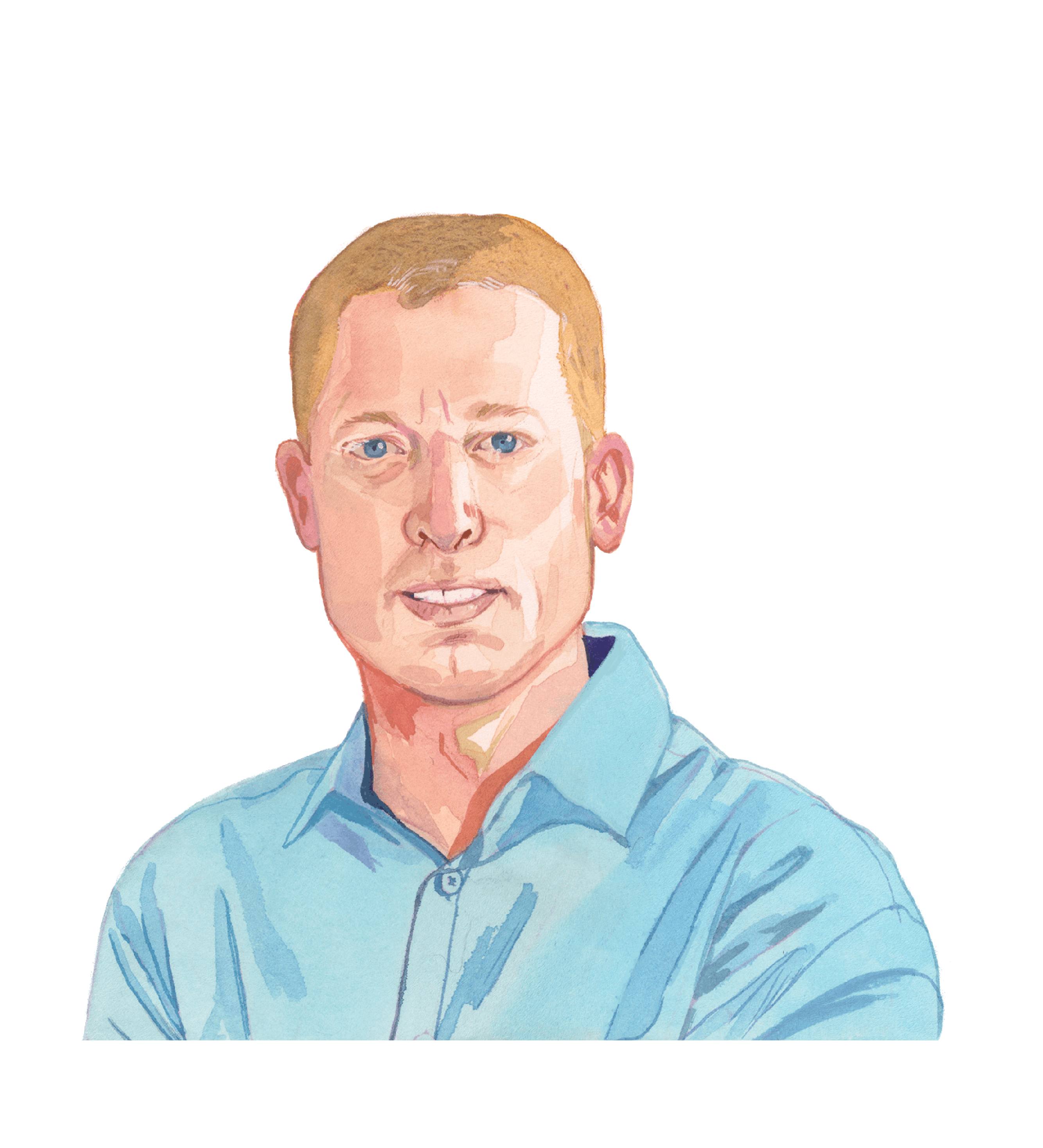 Color illustration of Patrick Sharkey, a person with a light skin tone wearing an open blue collar shirt. They have blonde hair and a calm expression on their face.