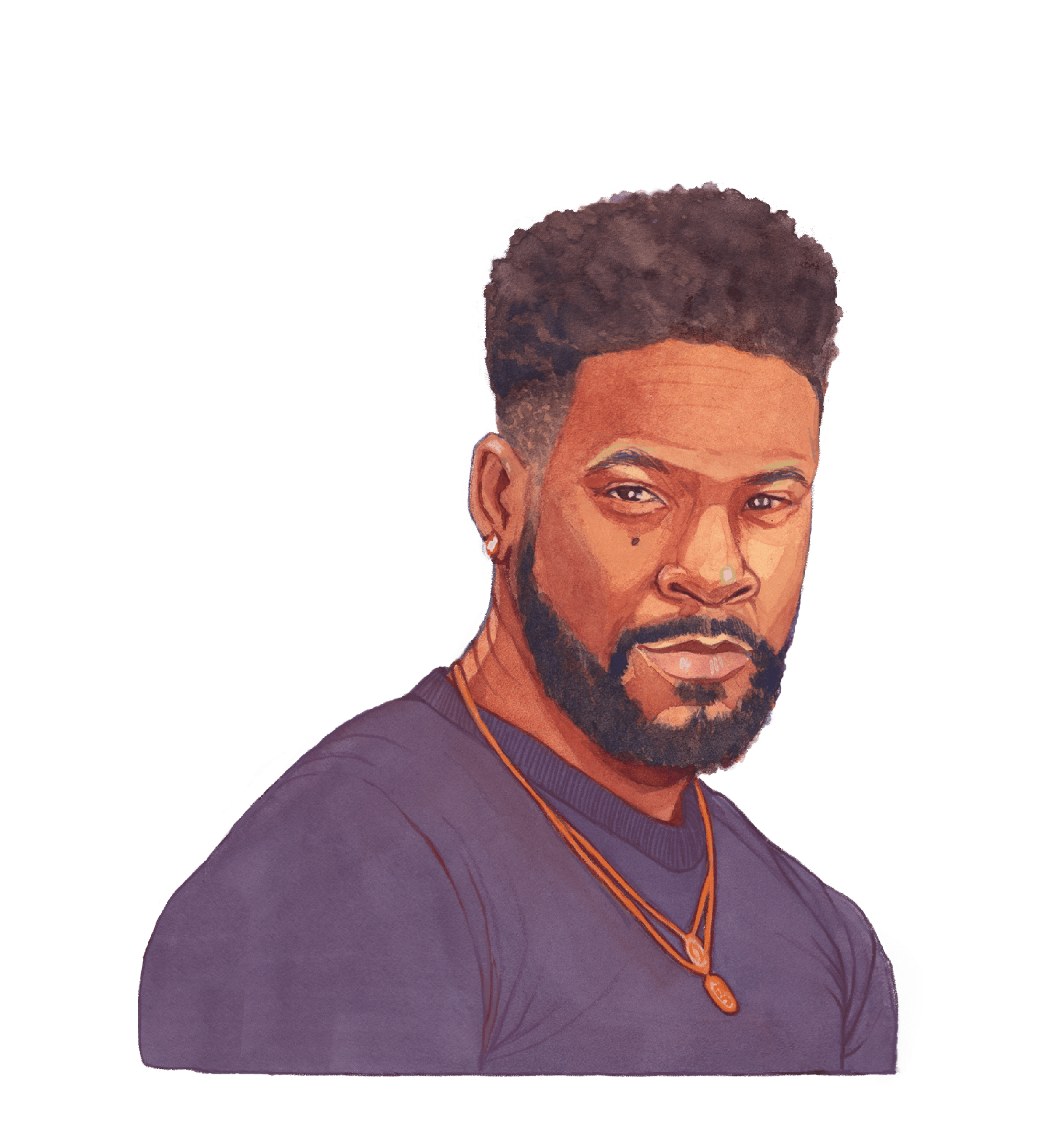 Color illustration of Basaime Spate, a person with a medium-dark skin tone wearing a necklace and dark purple shirt. They have dark brown hair and a beard with a determined expression on their face.
