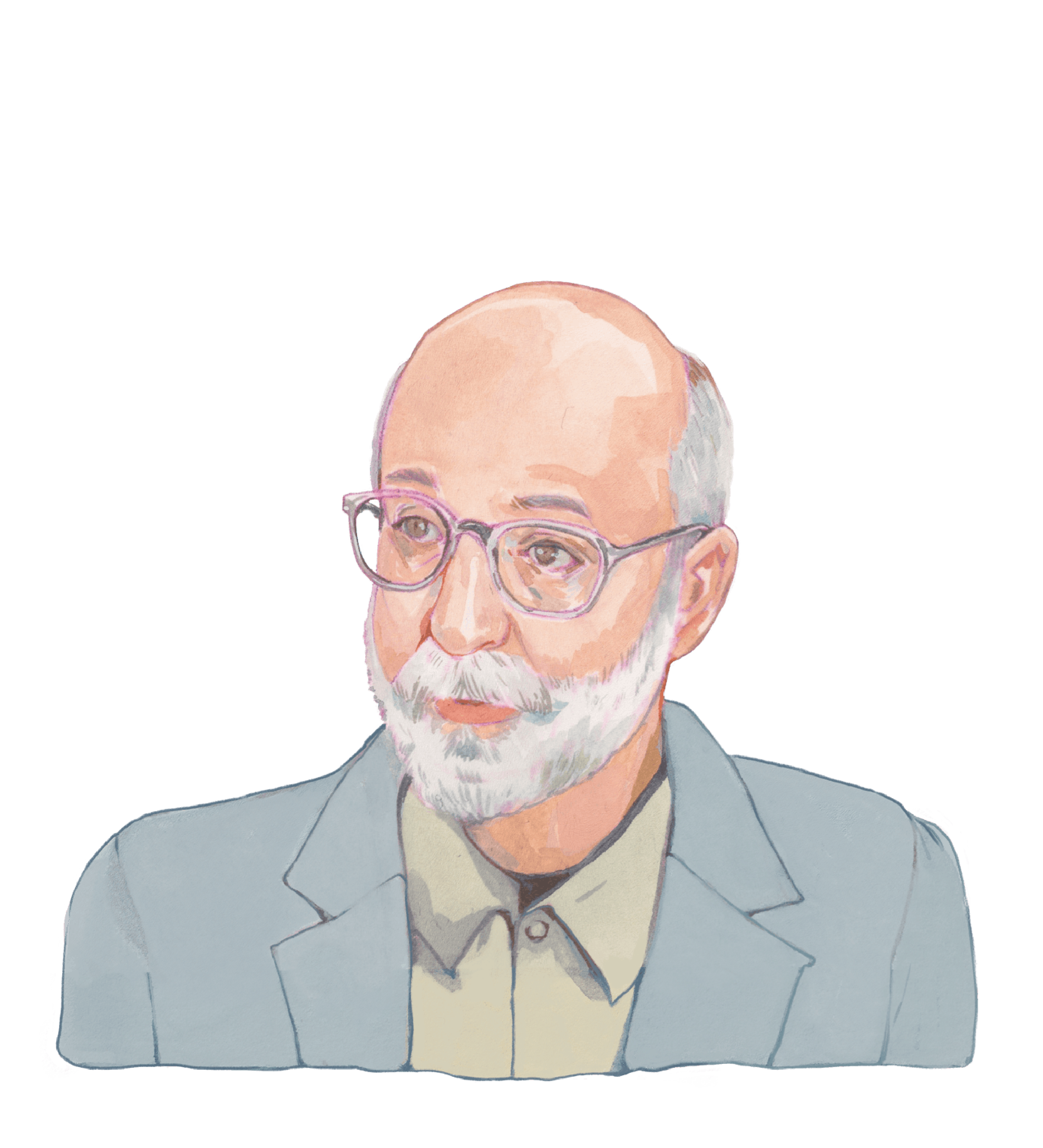 Color illustration of Jeffrey A. Butts, a person with a light skin tone wearing a gray suit jacket and open collar tan shirt. They wear eyeglasses and are partially bald with silver sides, a short white beard, and a pensive expression on their face.