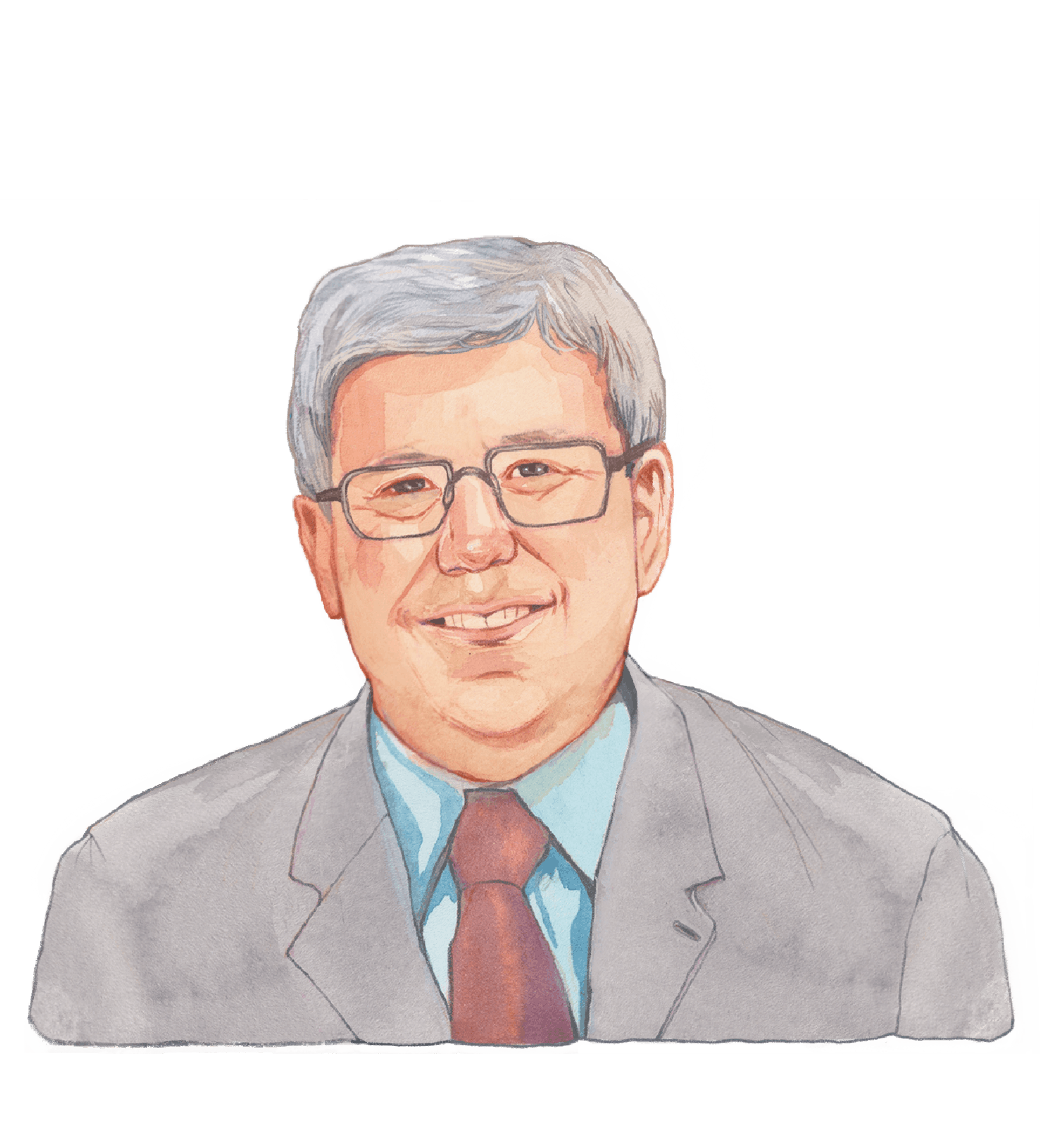 Color illustration of Michael Jacobson, a person with a light skin tone wearing a light gray suit jacket and maroon necktie. They have gray hair and a friendly expression on their face.