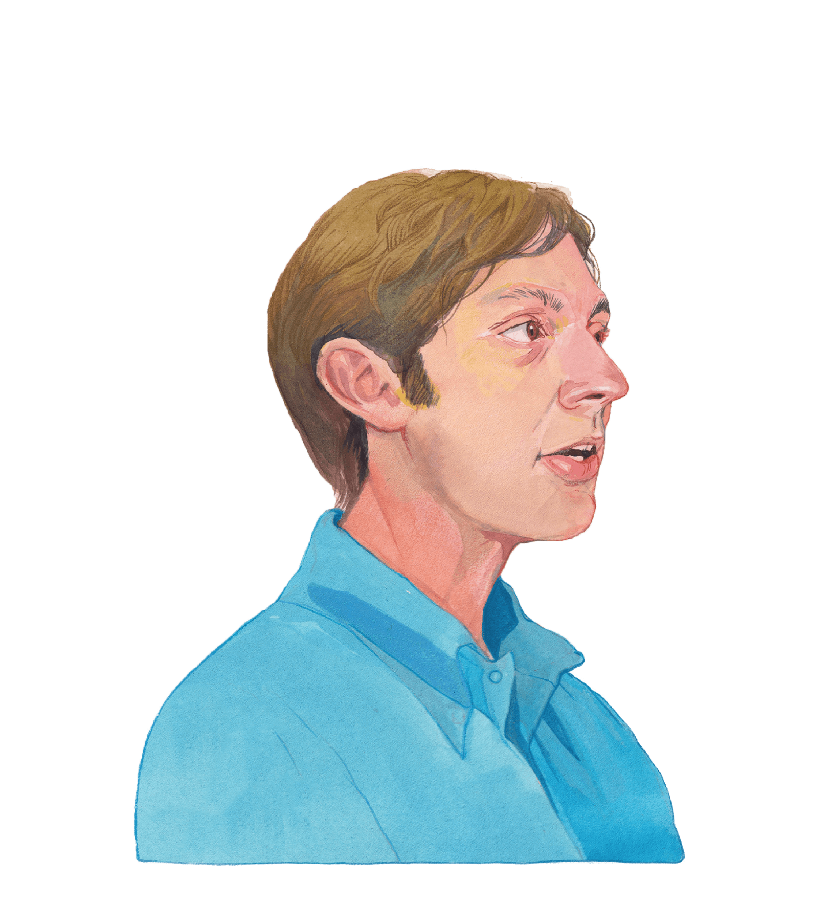 Color profile illustration of Jens Ludwig, a person with a light skin tone wearing a blue collared shirt. They have medium brown hair and a calm expression on their face.