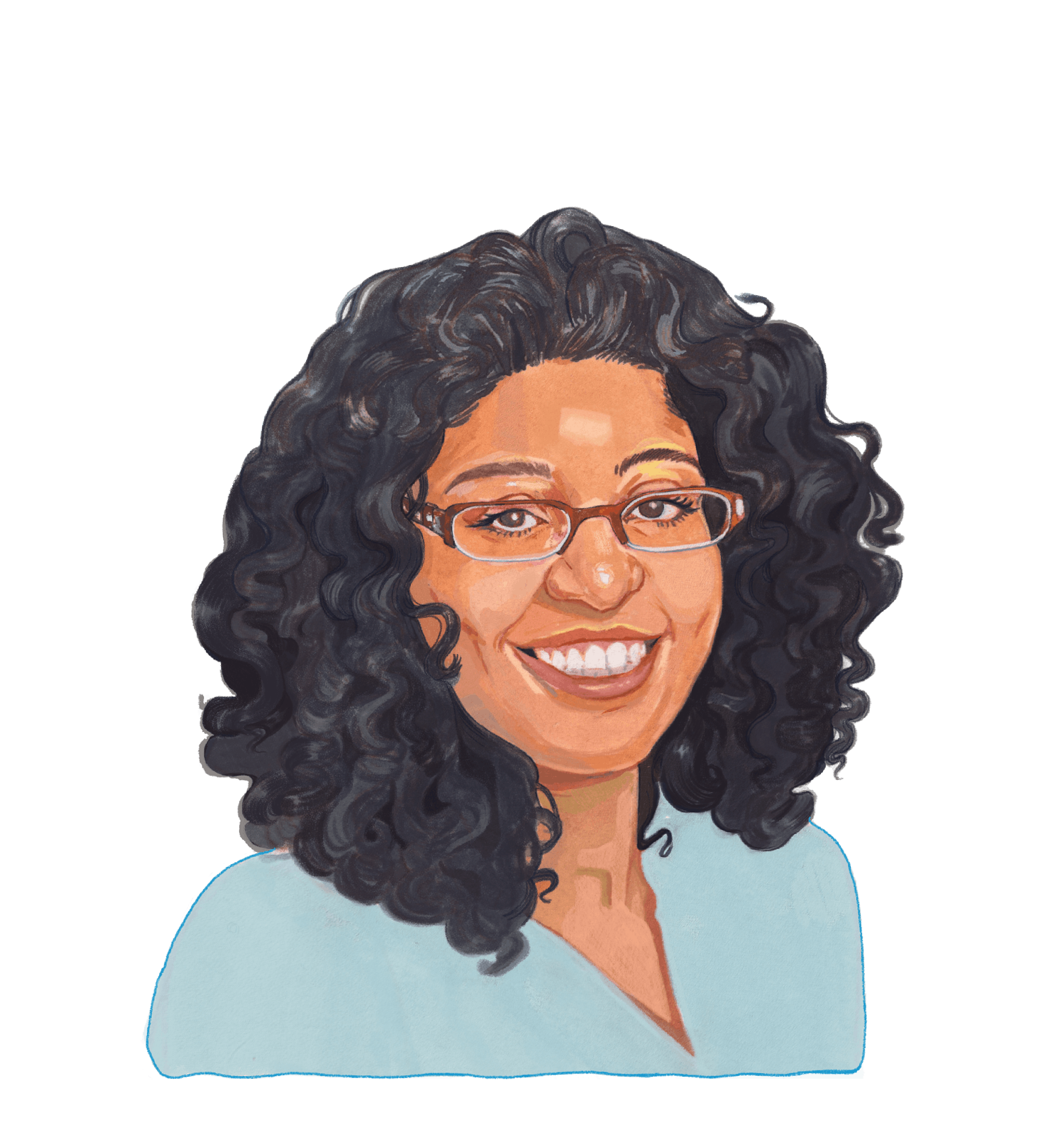 Color illustration of Tracey L. Meares, a person with a medium skin tone wearing a light blue shirt. They wear eyeglasses and have black hair and a friendly expression on their face.