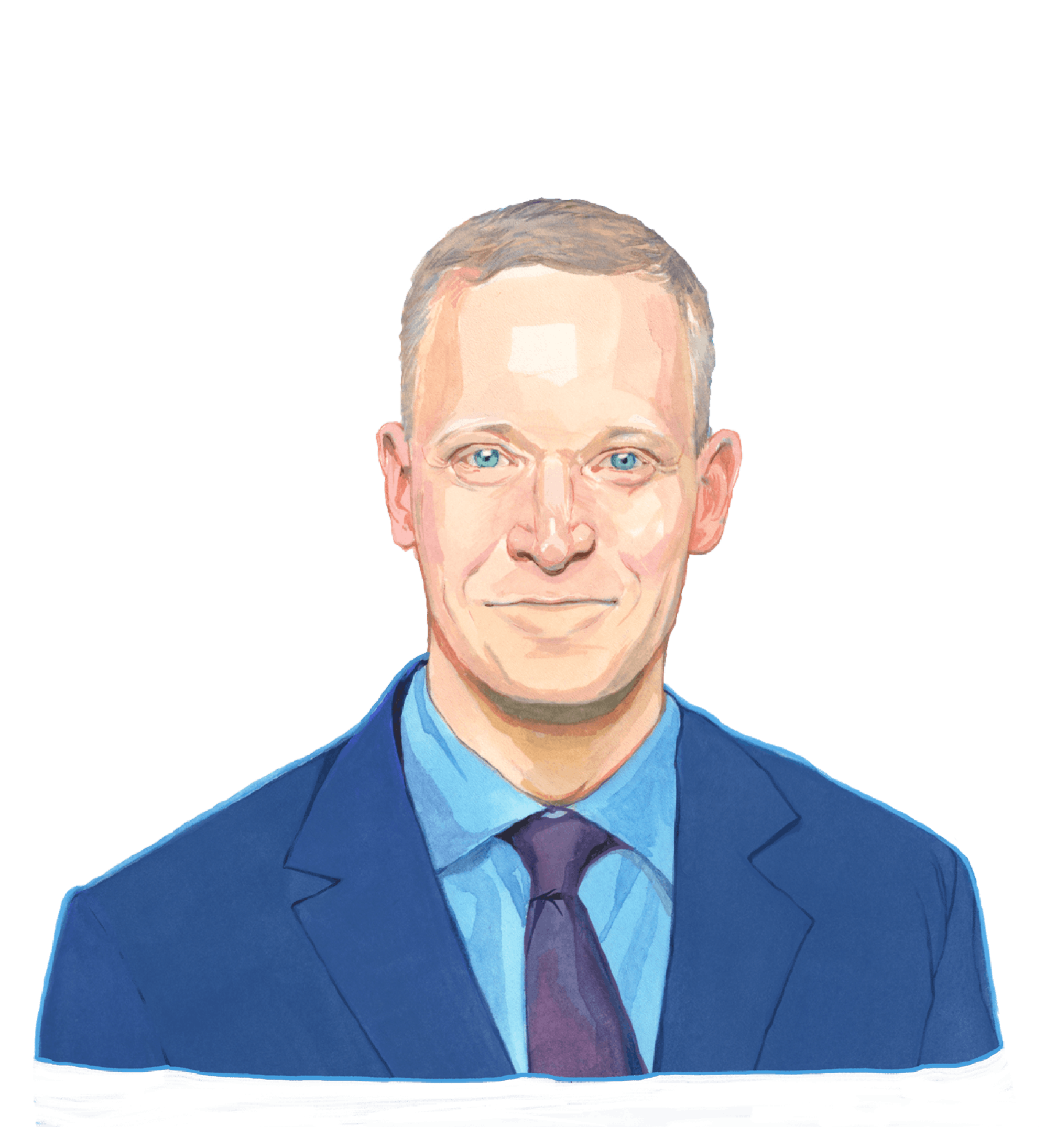 Color illustration of Greg Berman, a person with a light skin tone wearing a blue suit jacket and purple necktie. They have gray hair and a calm expression on their face.