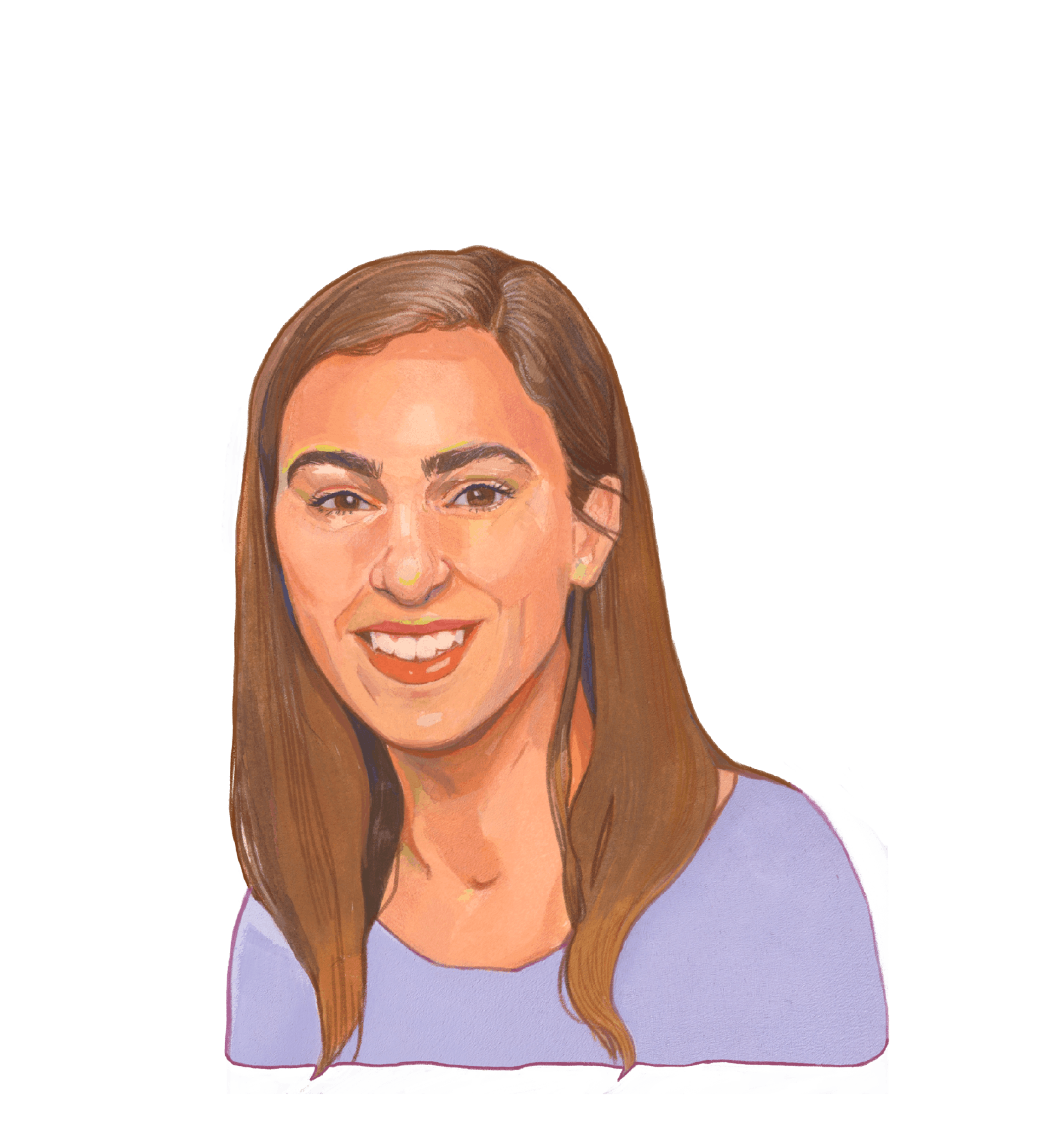 Color illustration of Alisabeth Marstellar, a person with a light skin tone wearing a lilac shirt. They have long brown hair and a bright smile on their face.