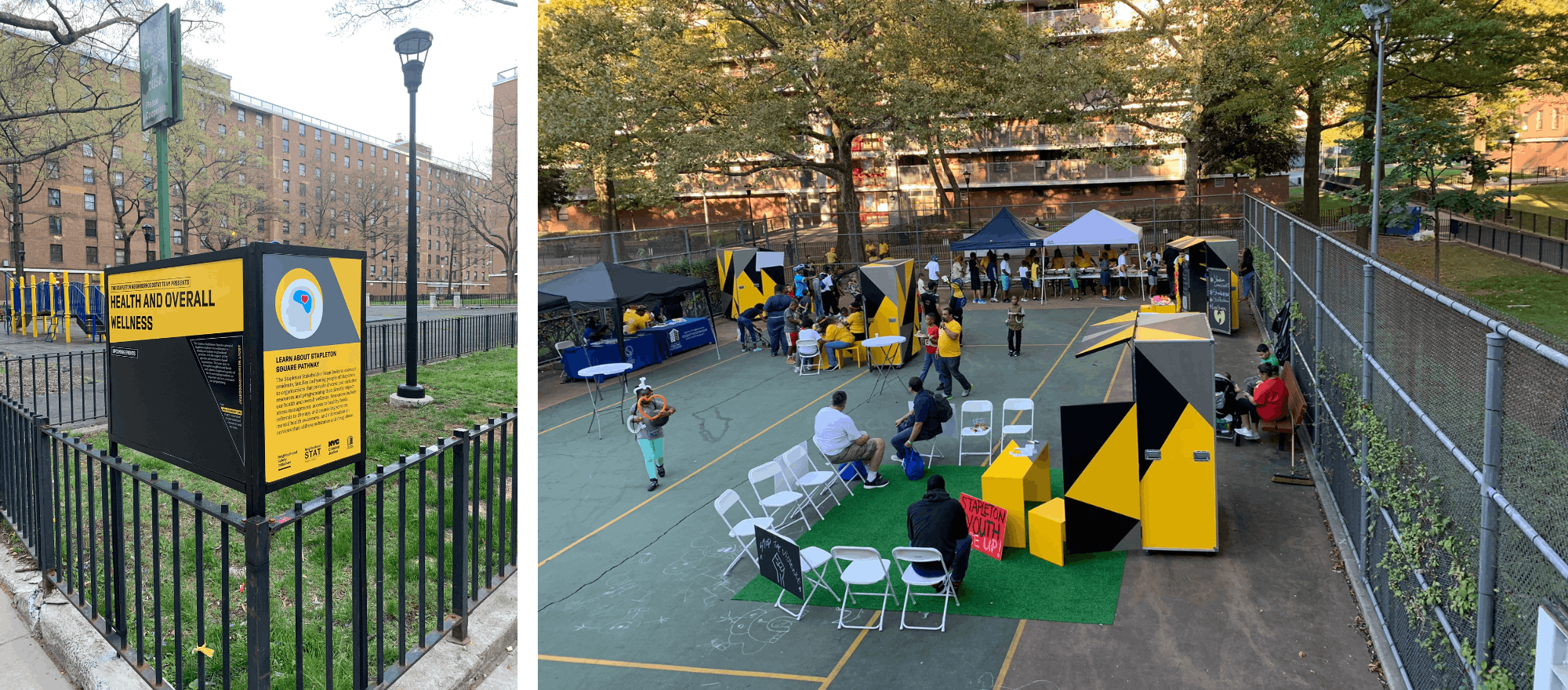 Left: Wayfinding signage with design support from Projectivity and Isabel Saffon. Installed in 2021. Photo by Leticia Lucero, MAP engagement coordinator, Stapleton Houses. Right: Kiosk unveiling and resource fair at Stapleton Houses, 2019. Kiosk concept by Alaa Marrawi, Columbia Graduate School of Architecture and Design. Design Layman Lee. Construction Yawn Moon.