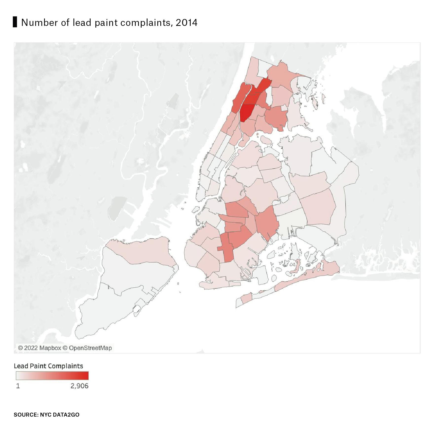 Area map shows the number of lead paint complaints by precinct in 2014. Most complaints are concentrated in the Bronx, followed by Brooklyn. There are fewer complaints in Queens and Staten Island with a very low number of complaints in Manhattan. 
